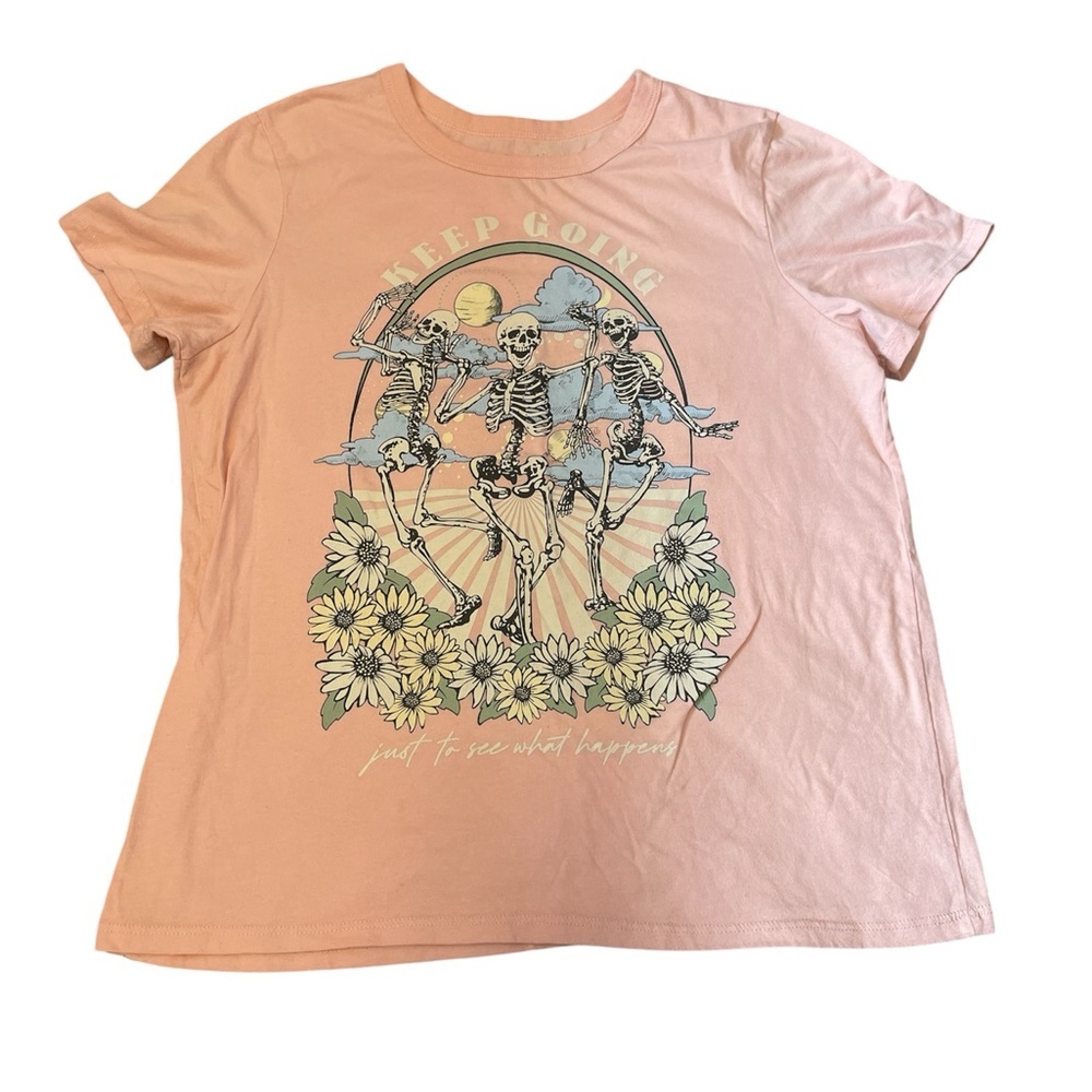 Zoe + Liv Keep Going Graphic Tee - Pink Floral Skeleton Print Size Medium EUC